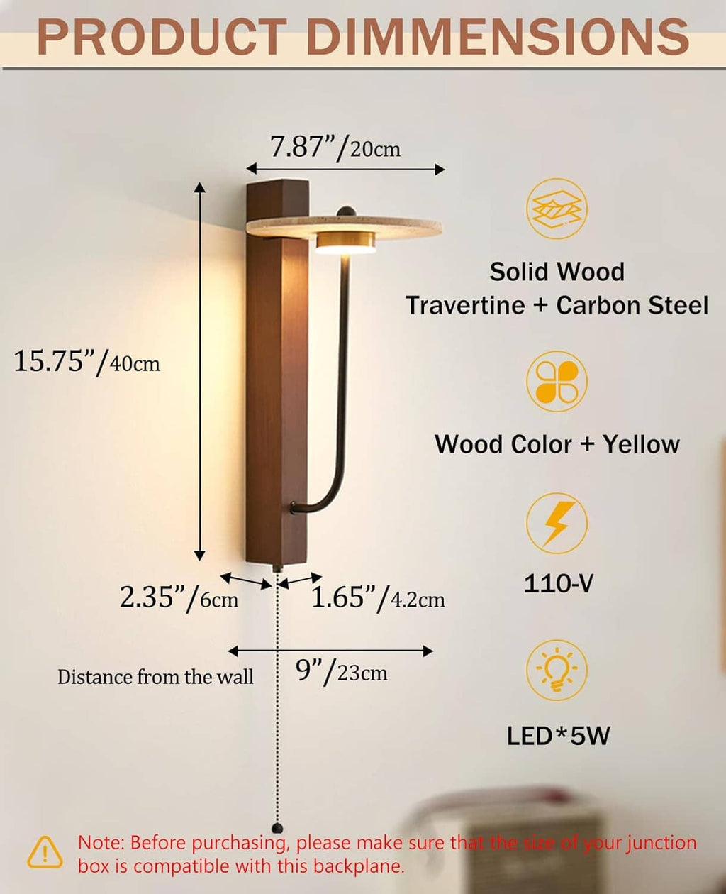 Wall sconce product dimensions diagram showing travertine and yellow wood + LED light specs
