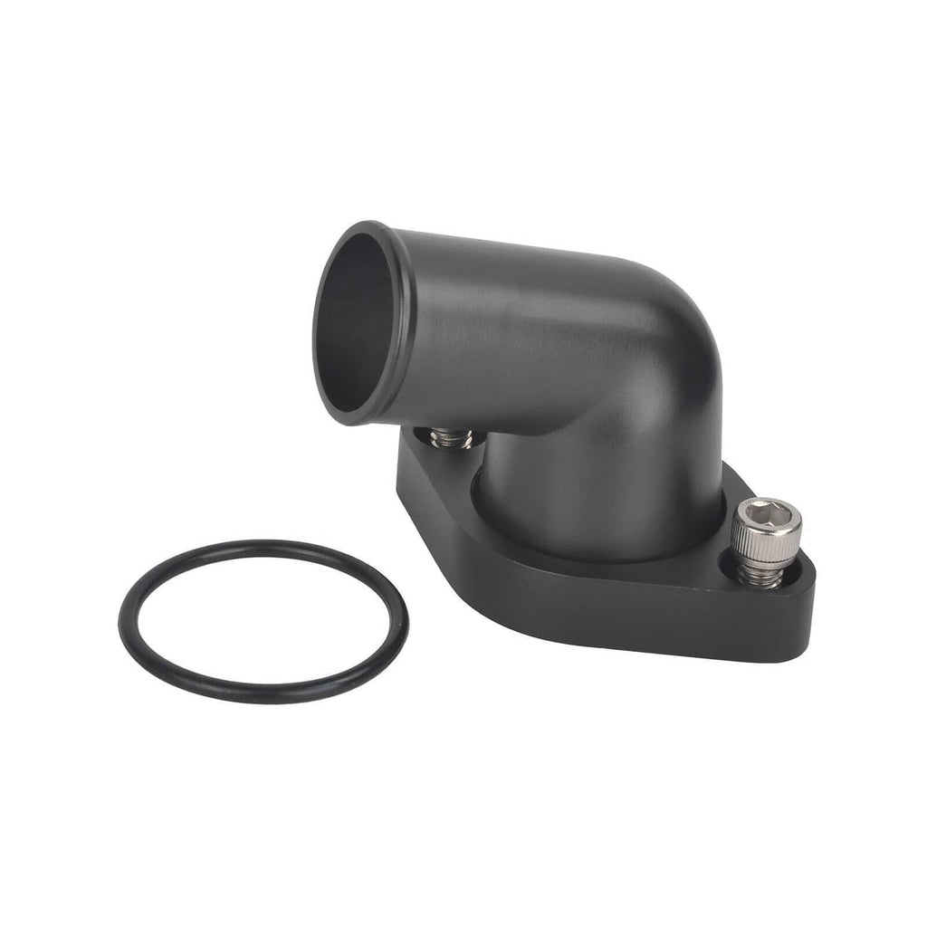 Black 15-degree swivel water neck thermostat housing with mounting base and bolts