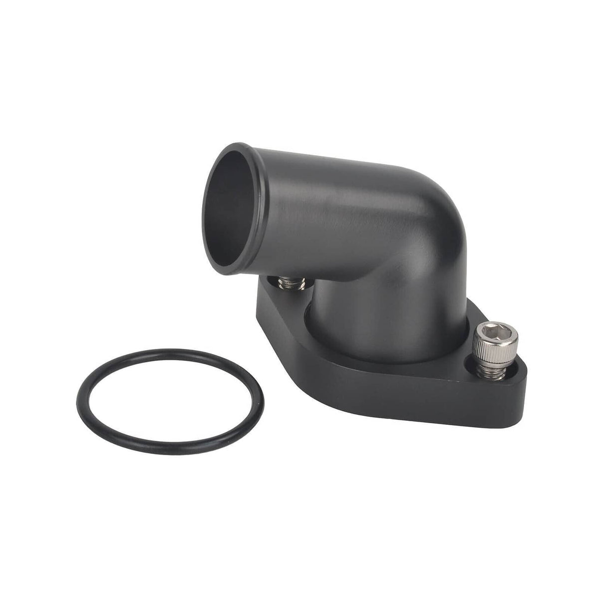 Black 15-degree swivel water neck thermostat housing with mounting base and bolts