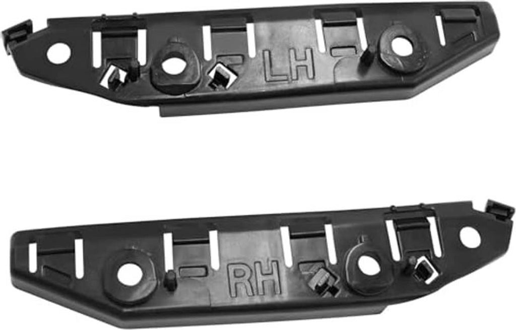 Front bumper bracket retainer pair, black plastic left and right housings with holes