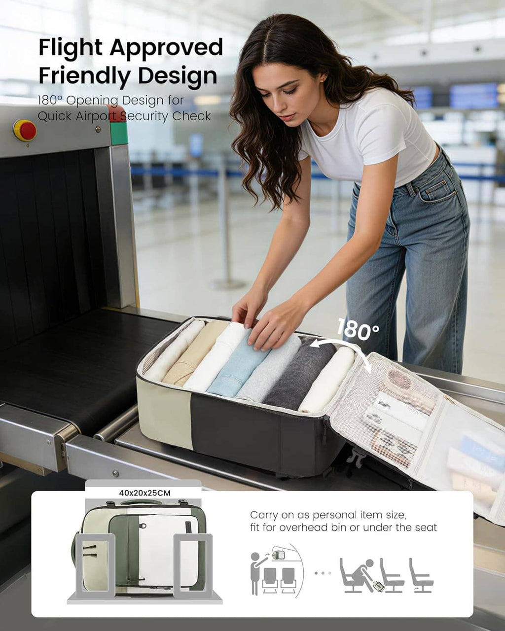 Flight-approved travel backpack open on tray with packing compartments and zip pouches