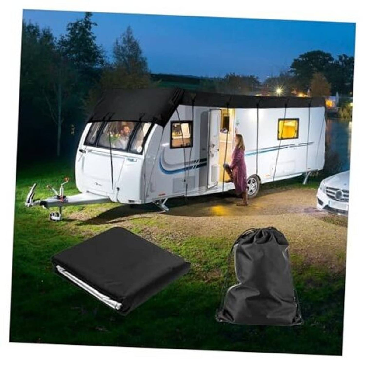 Black RV cover tarp with front strap and included storage bag for travel trailers