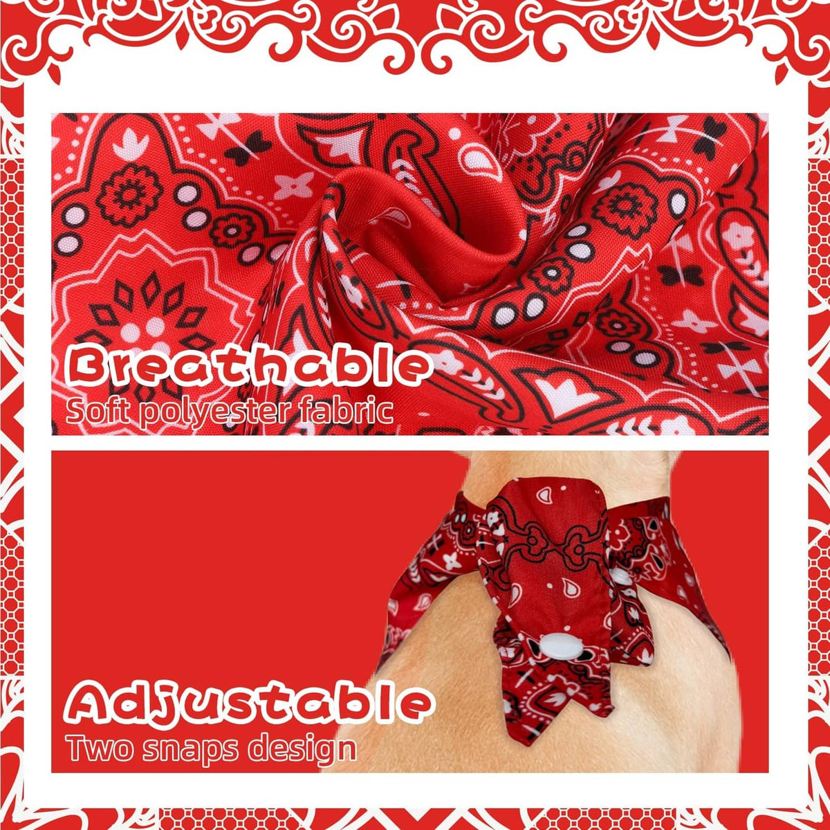 Red paisley dog bandana fabric with soft polyester look and snap-ready design