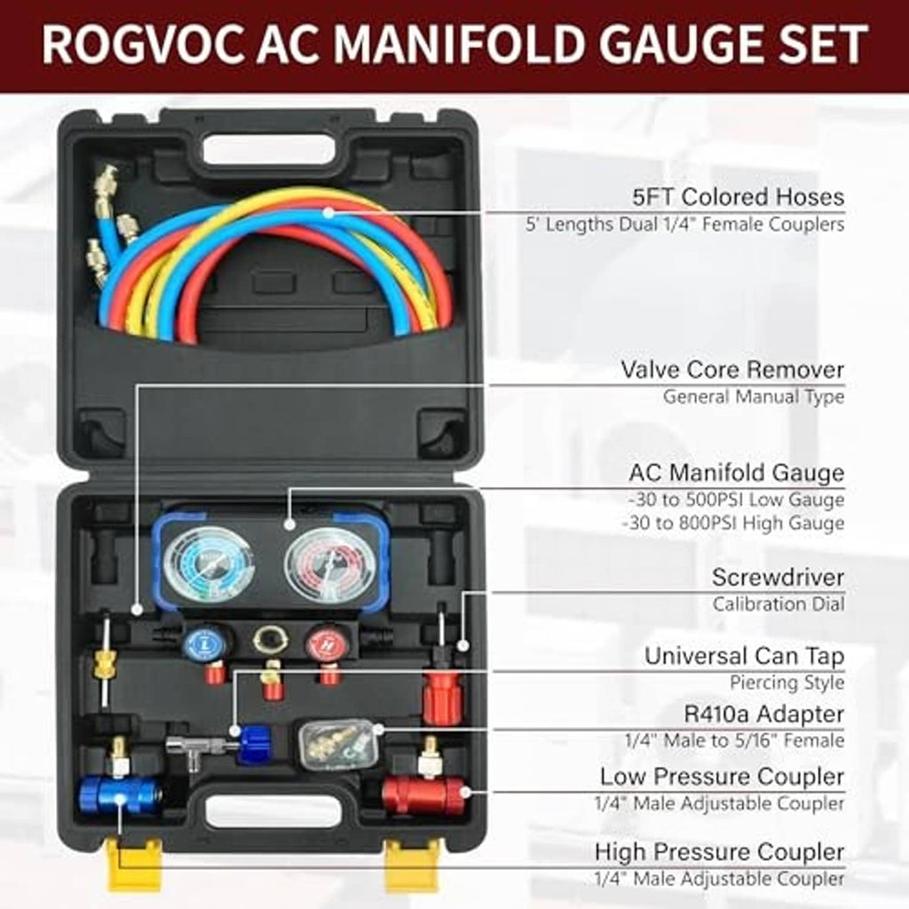 AC manifold gauge set kit with 5-ft colored hoses, couplers, and dial gauges in case