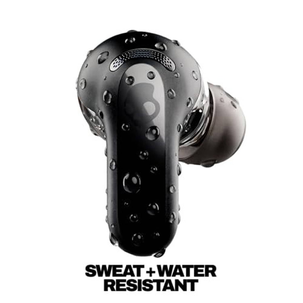 Black earbuds covered in water droplets, sweat and water resistant design