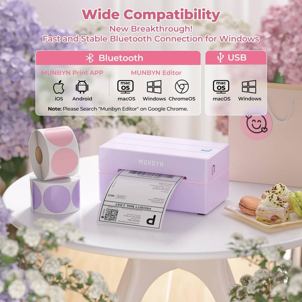 Purple thermal label printer with label roll and device connection icons