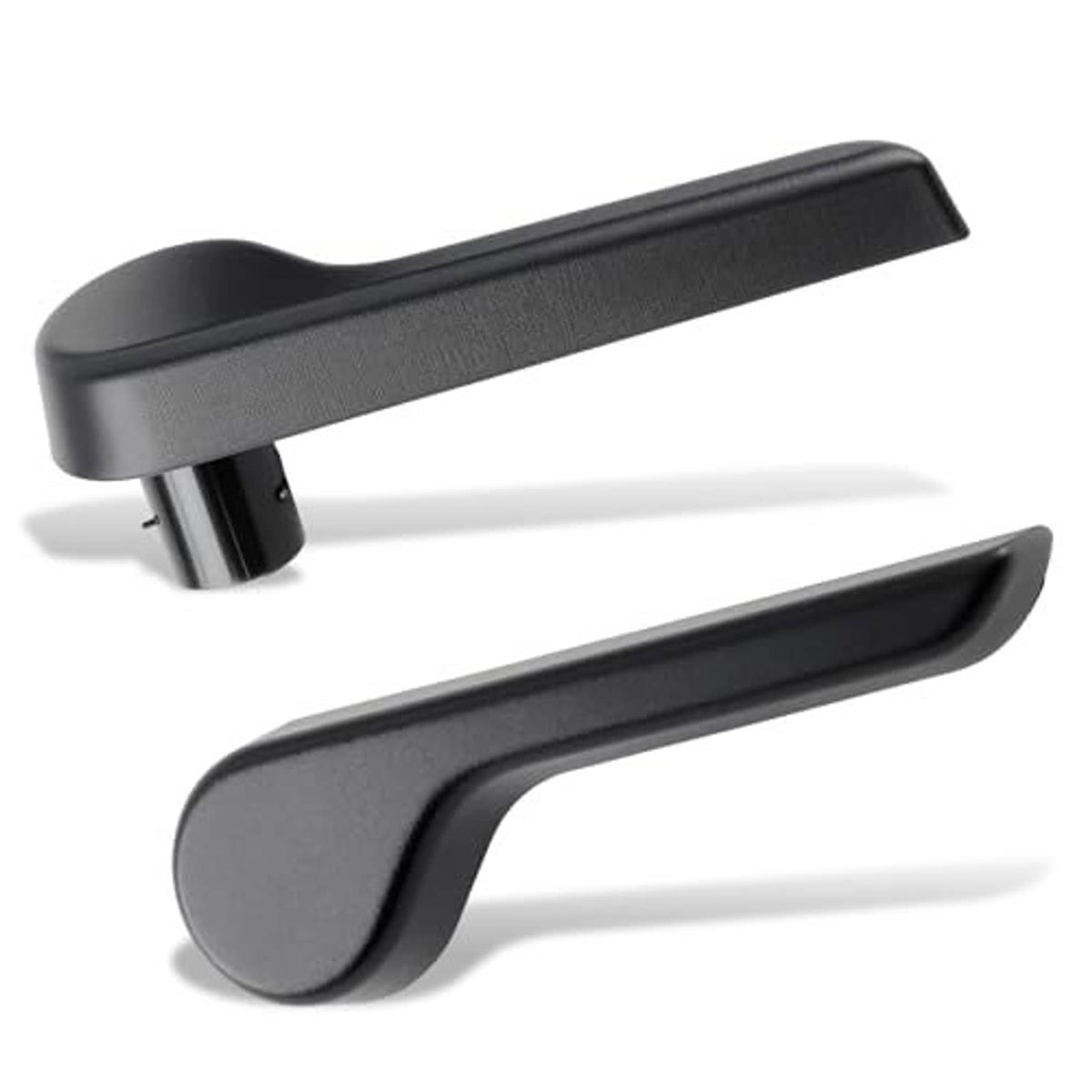 Two black seat recliner lever handles, side and front angles