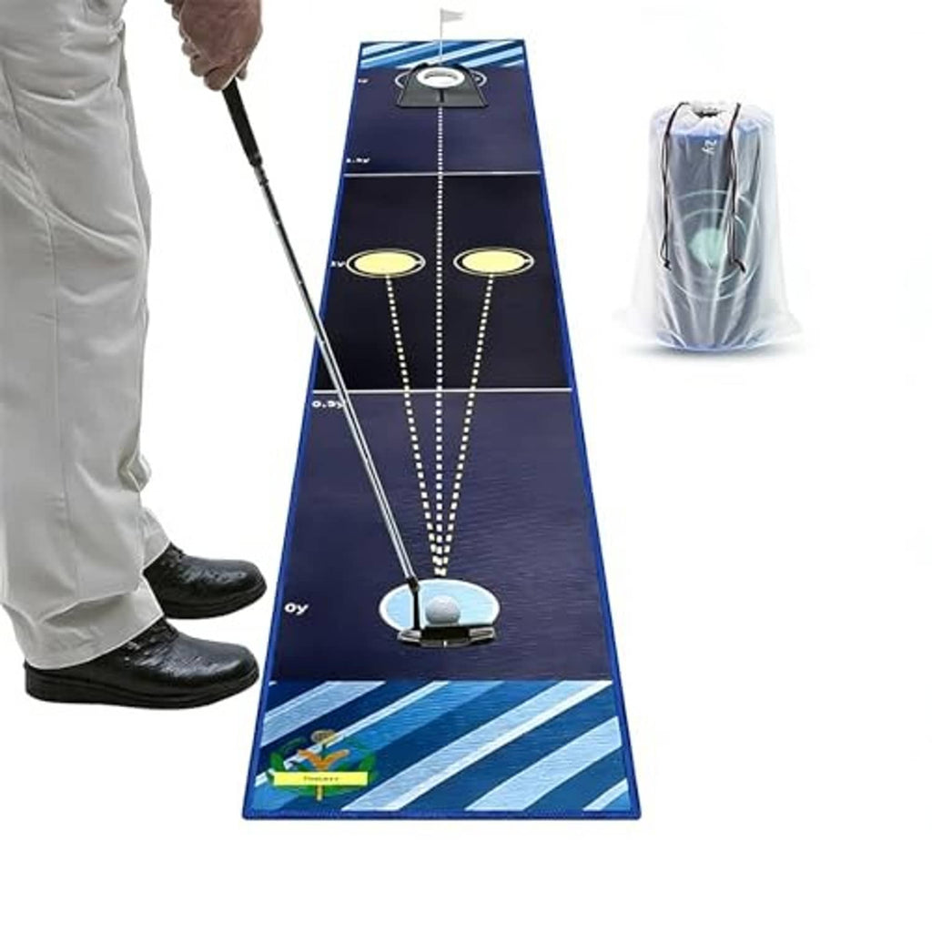 Indoor golf putting green mat with alignment lines, three target circles, and putter