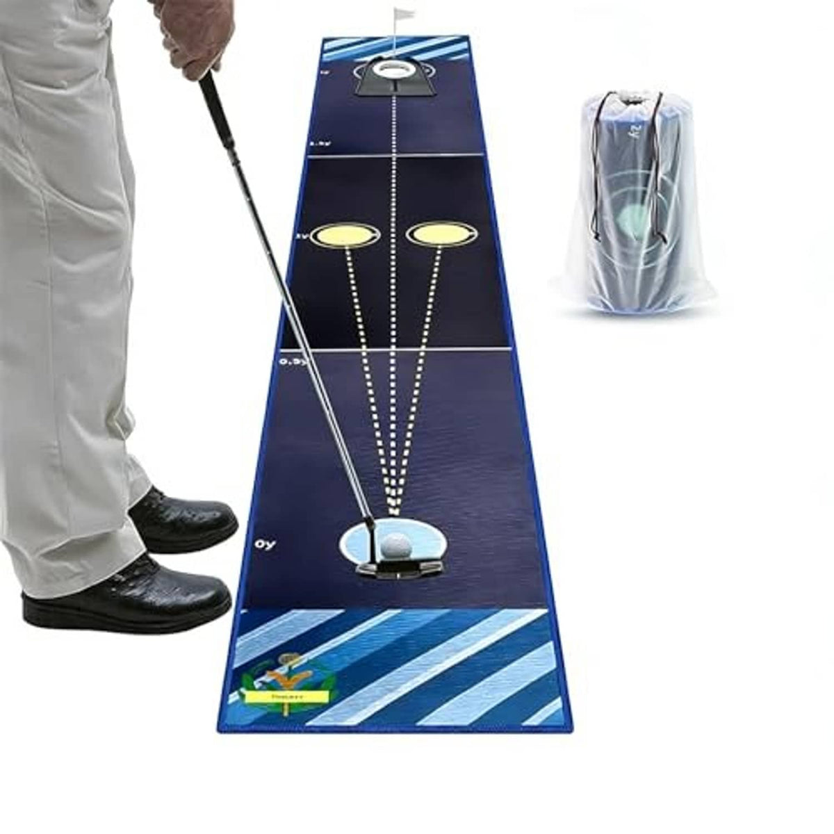 Indoor golf putting green mat with alignment lines, three target circles, and putter