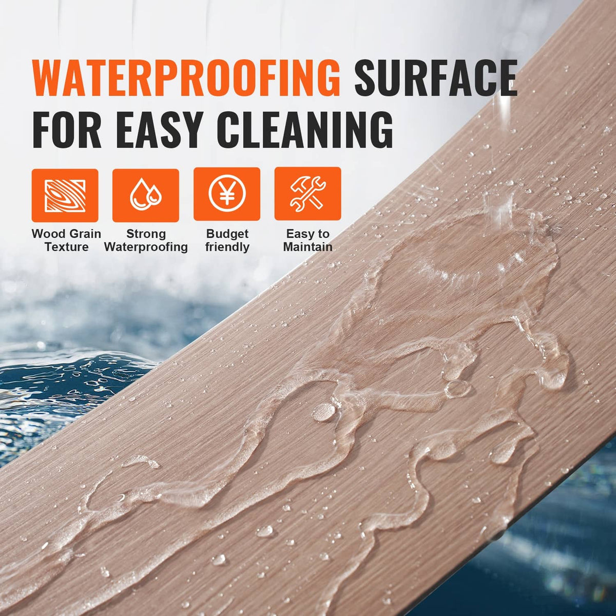 Waterproof wood-grain vinyl tile surface with protective finish and water droplets