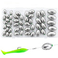 Fishing egg sinker weights assortment in a clear box, gray silver with green eyelets