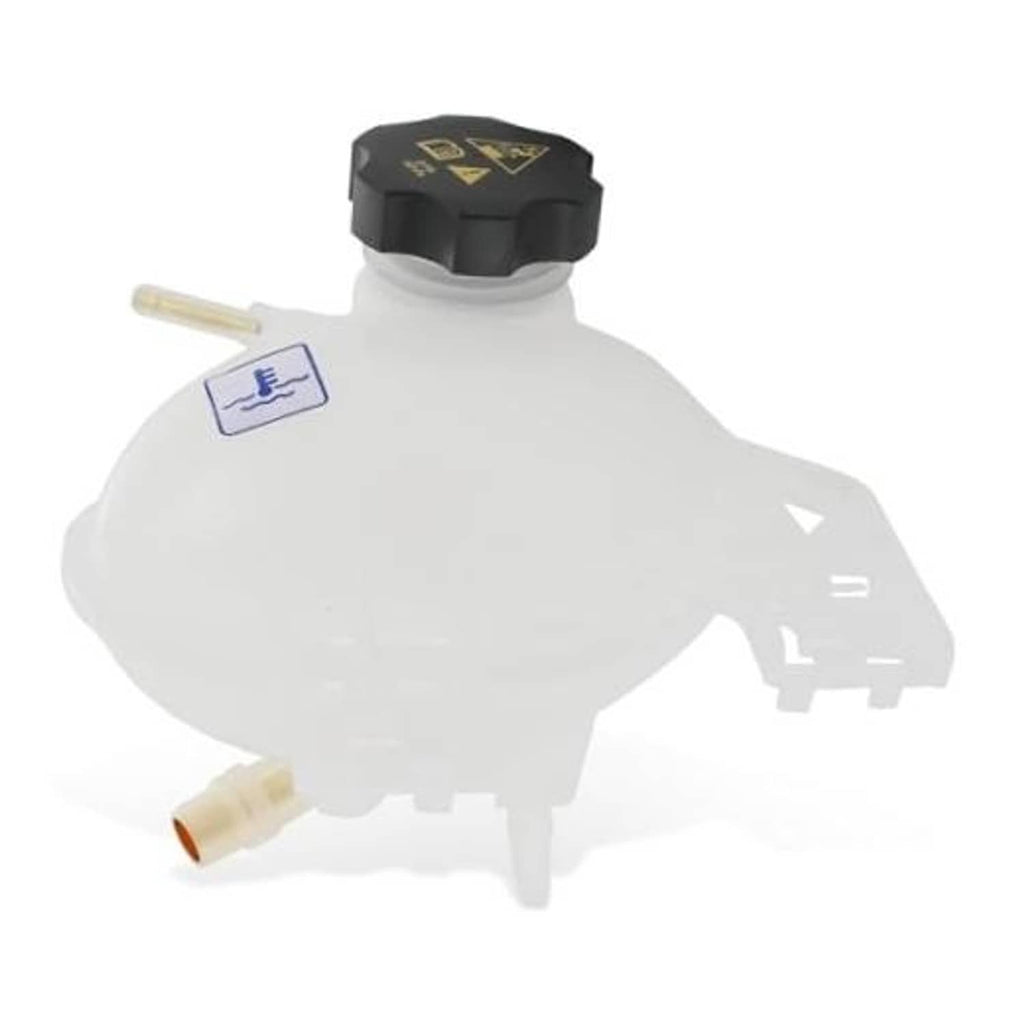 Coolant reservoir tank with black cap and side outlet tube