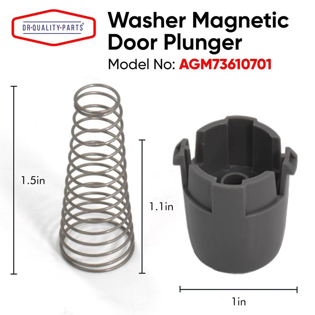 Washer magnetic door plunger with spring, gray plastic housing, side view