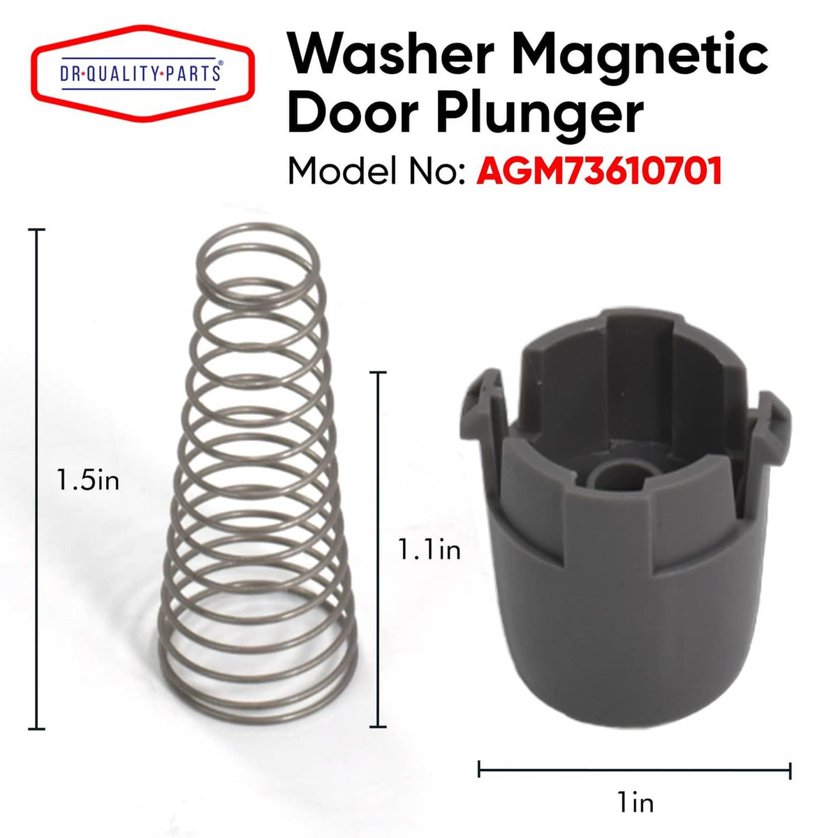 Washer magnetic door plunger with spring, gray plastic housing, side view