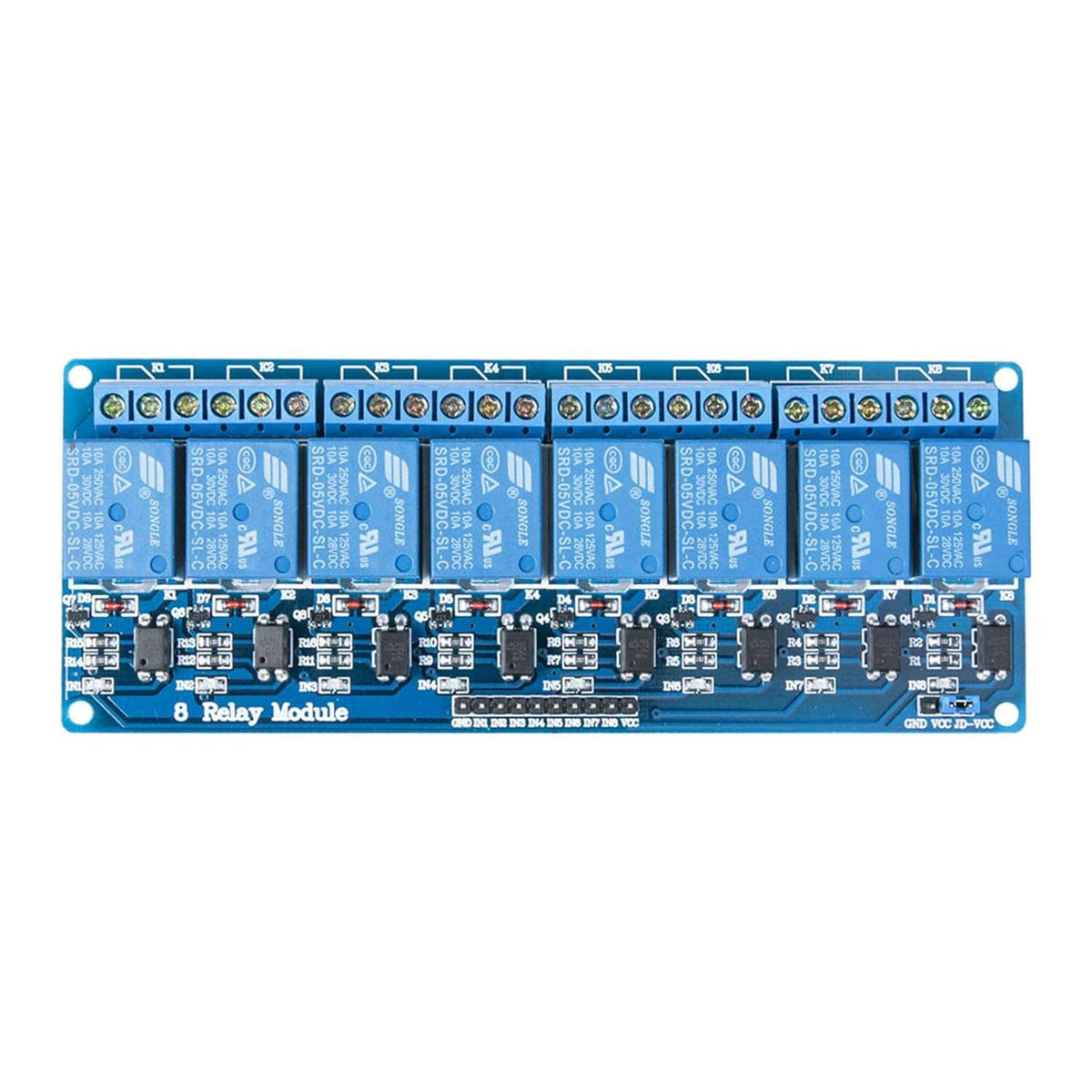 8-channel DC relay module with optocouplers, front PCB view with relay blocks