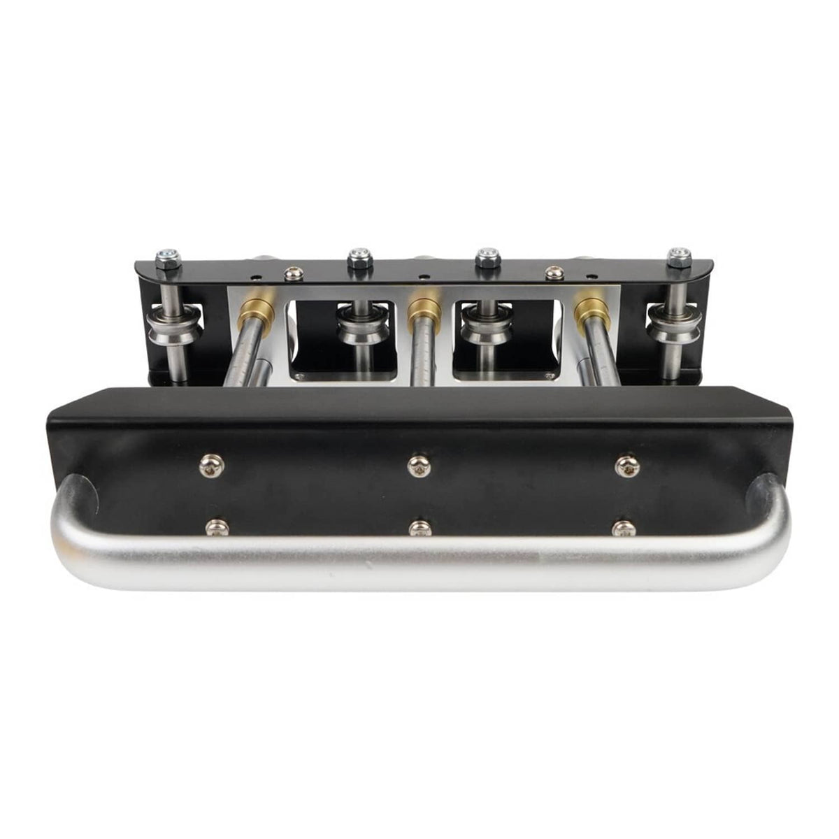 Three-station edge roller bender tool with roller guides and black base plate