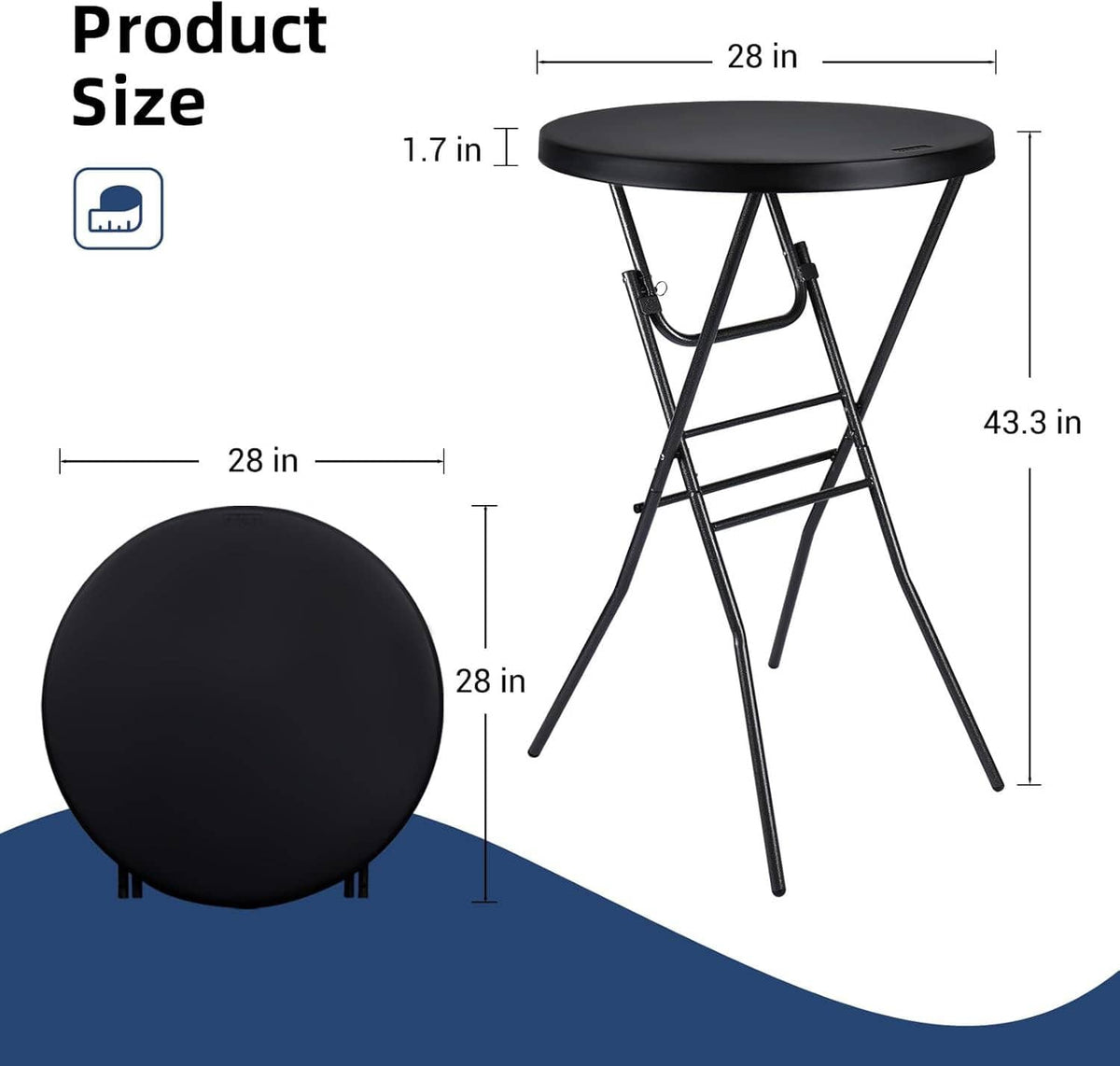 Black round high-top folding table with plastic top and four-leg metal fold frame