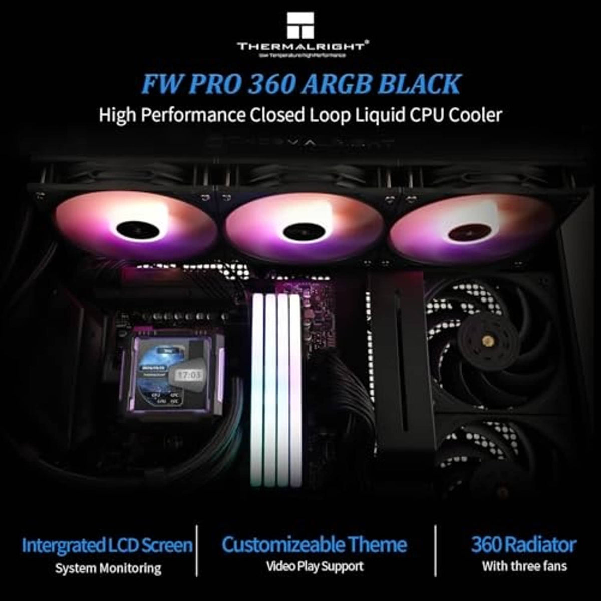 360mm ARGB liquid CPU cooler installed with three lit fans and LCD pump