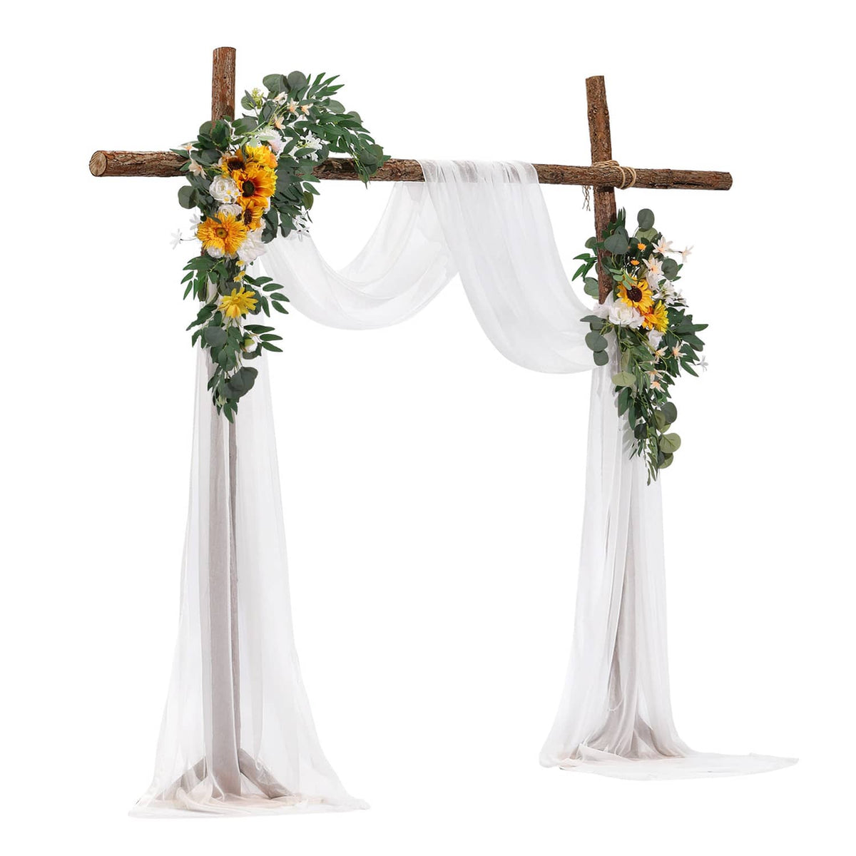 Artificial wedding arch flower kit with yellow blooms, green foliage and white drape curtains