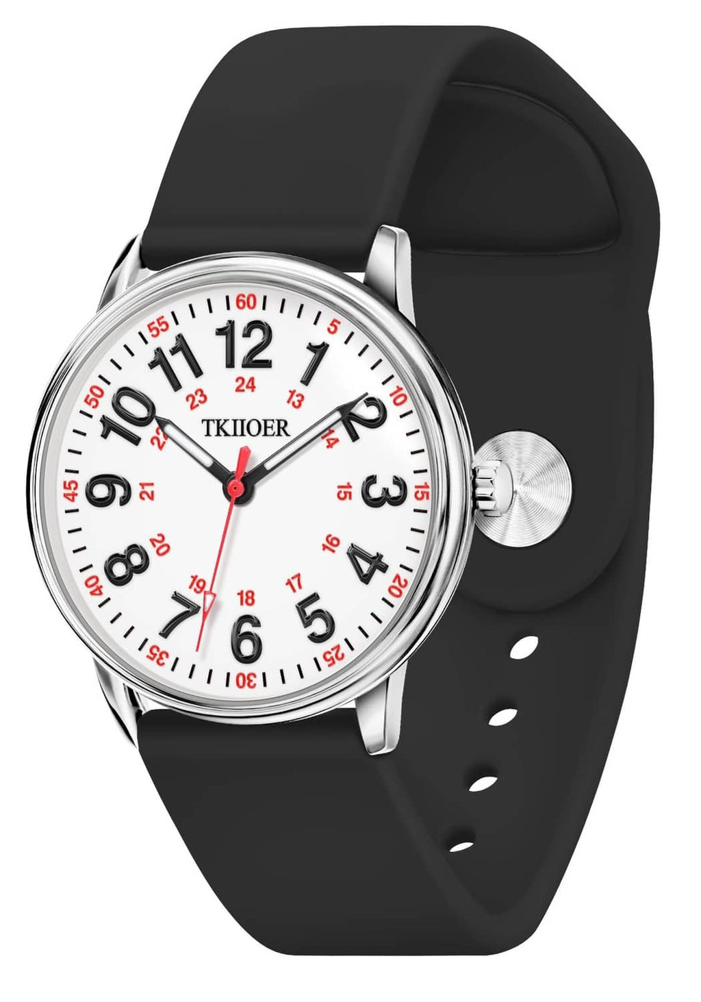 Waterproof nurse watch with black silicone strap and silver round case, analog dial