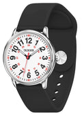 Waterproof nurse watch with black silicone strap and silver round case, analog dial