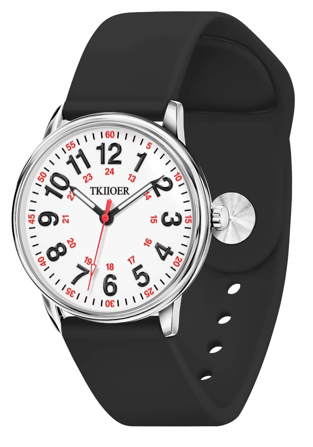 Waterproof nurse watch with black silicone strap and silver round case, analog dial