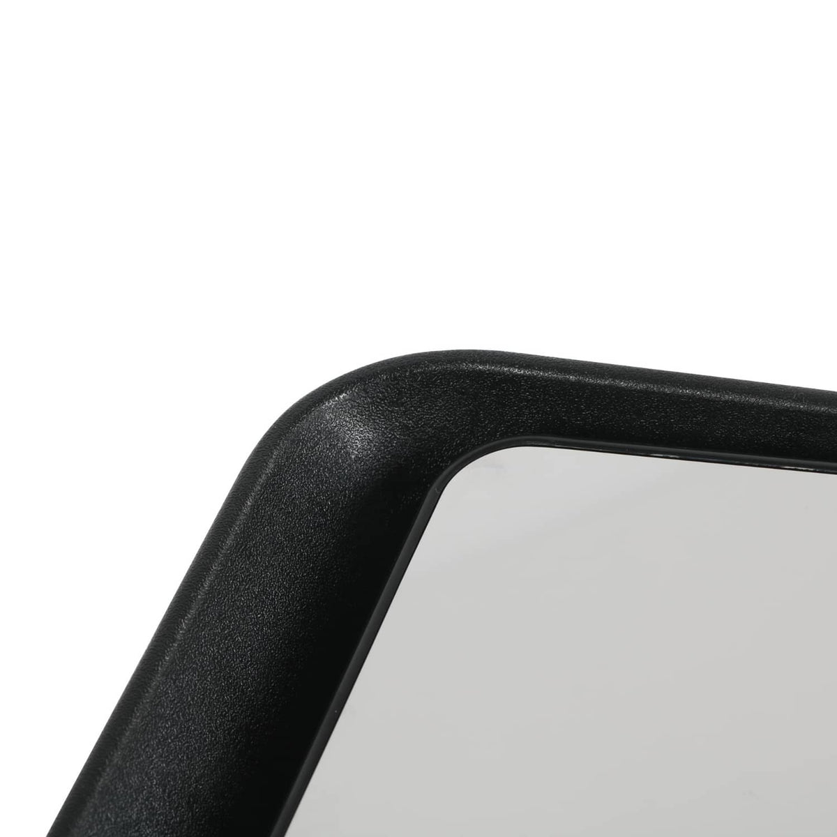 Black mirror bezel with textured finish around clear rectangular glass