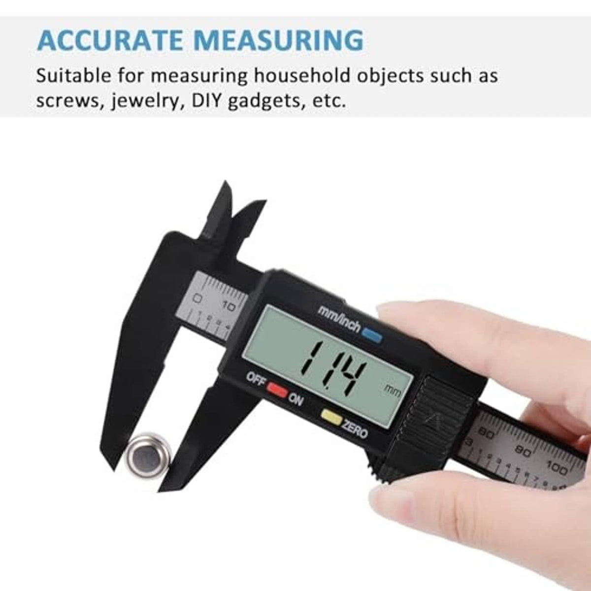 Black digital caliper in hand with LCD readout and external measuring jaws
