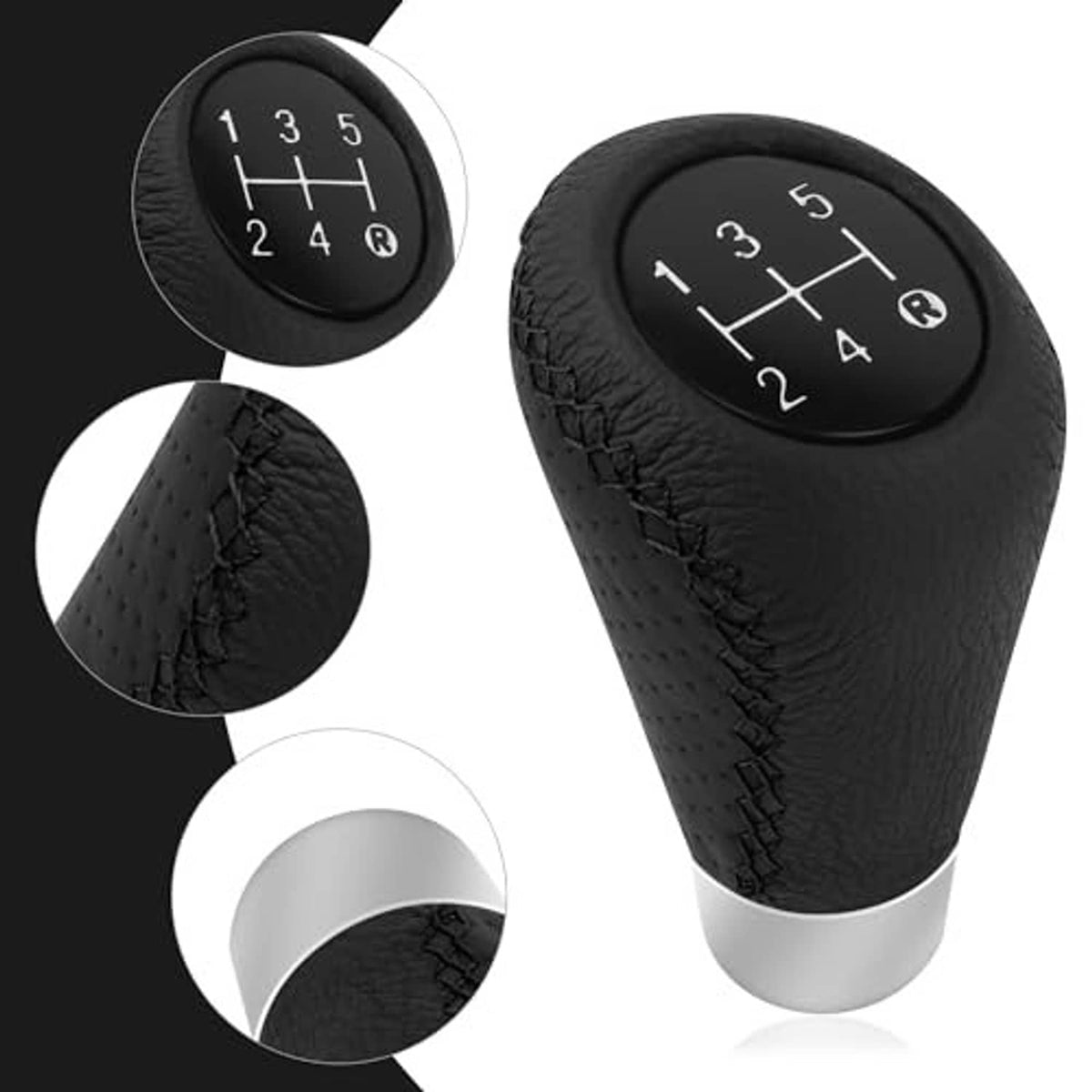 Black leather 5-speed gear shift knob with textured grip and silver lower ring