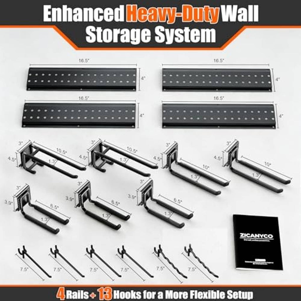 Wall storage rail set with black rails and J-style hooks for garage organization