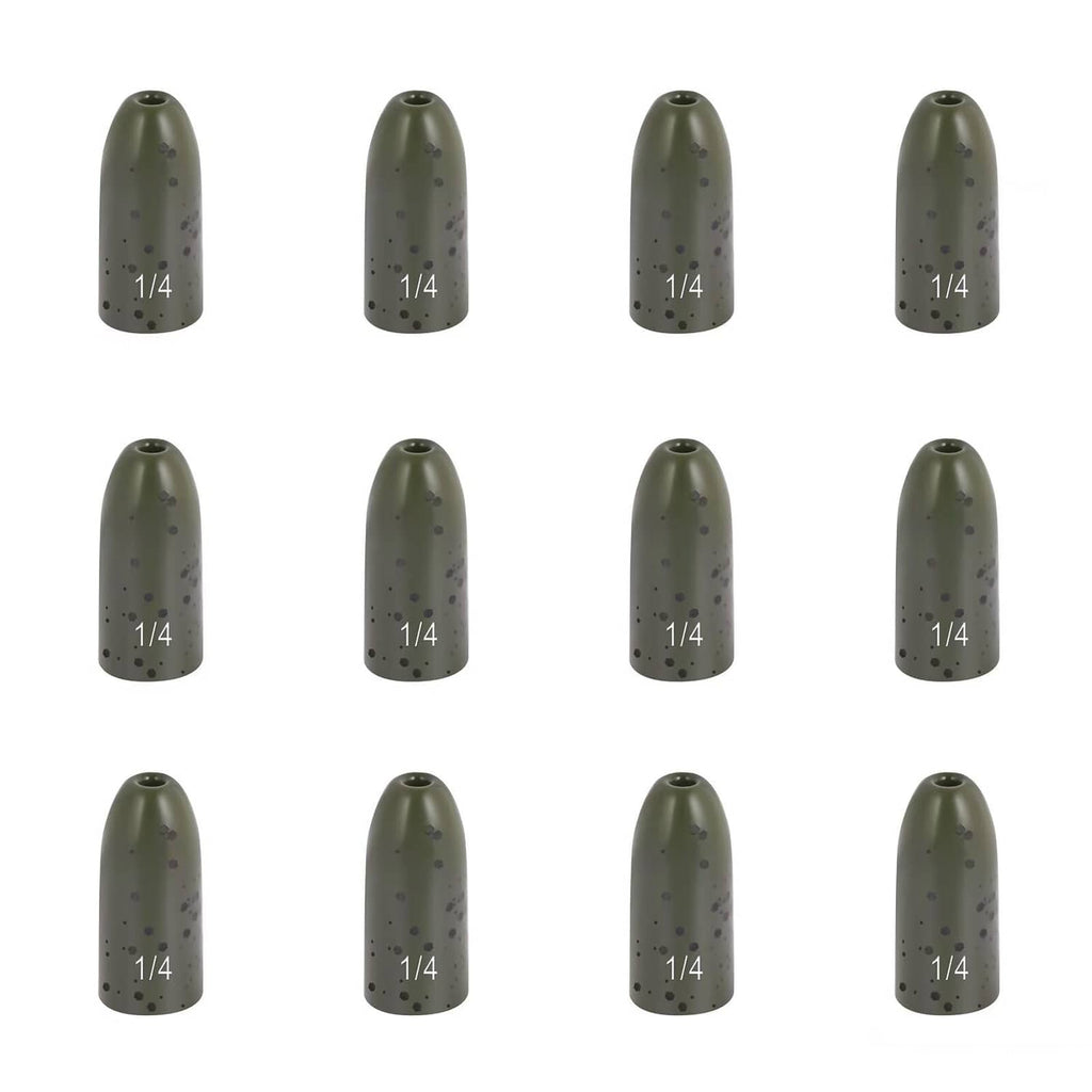 Nine speckled dark green 1/4 bullet fishing weights, upright layout.