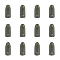 Nine speckled dark green 1/4 bullet fishing weights, upright layout.