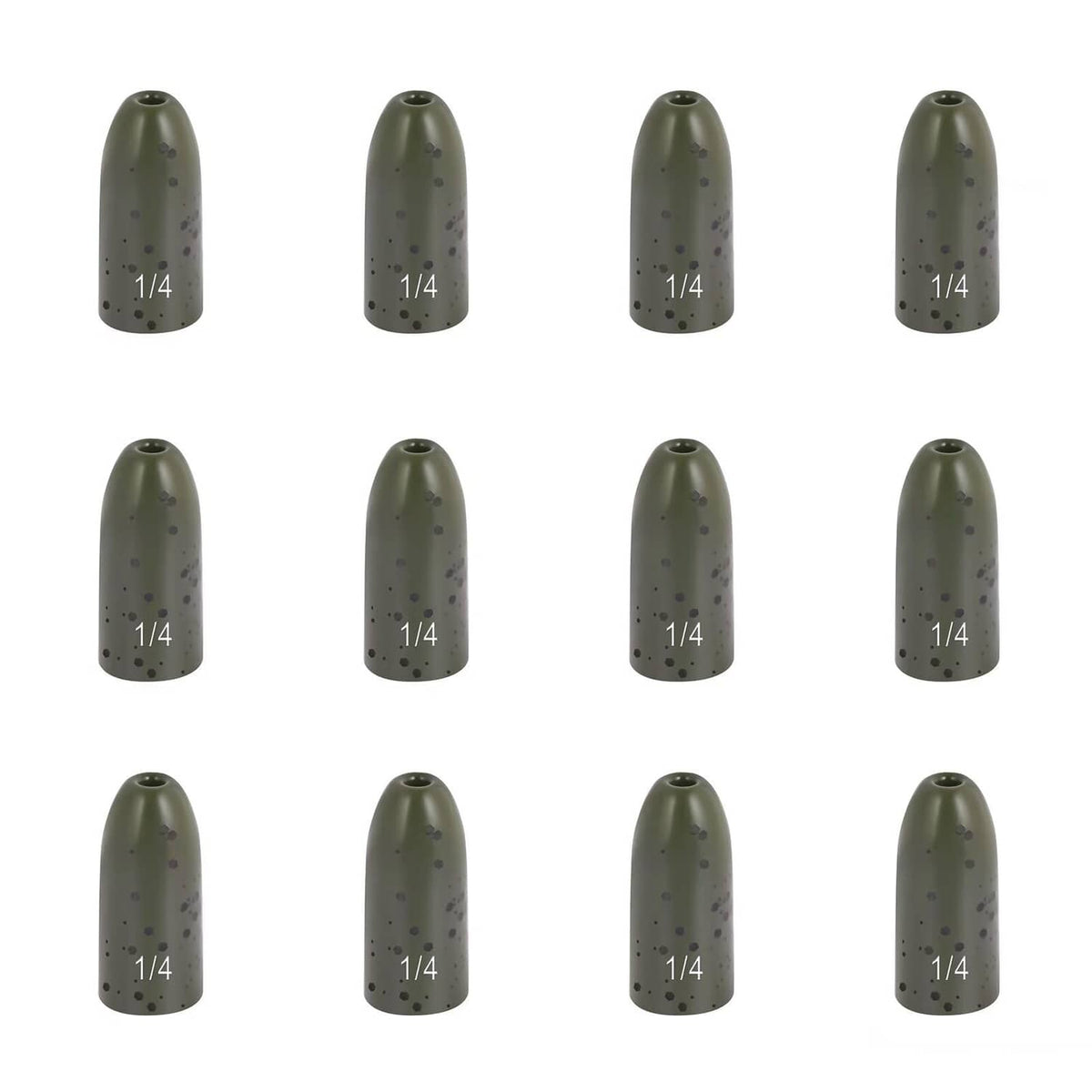 Nine speckled dark green 1/4 bullet fishing weights, upright layout.