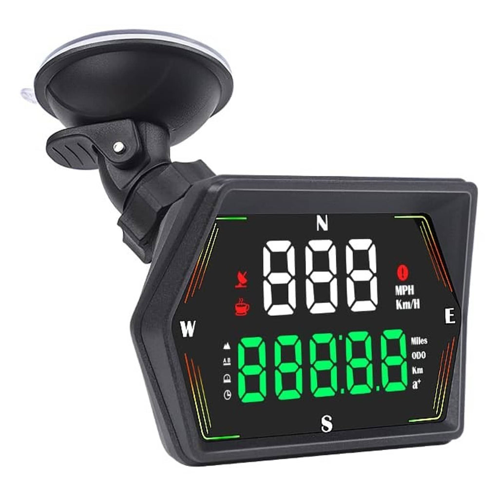 Black HUD speedometer display showing compass points and MPH/Km/h digits