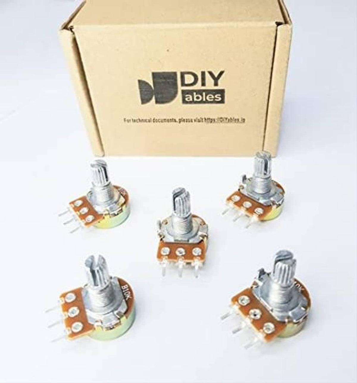 10K ohm potentiometer set with metal shafts and orange PCB pieces, shown in DIYables box