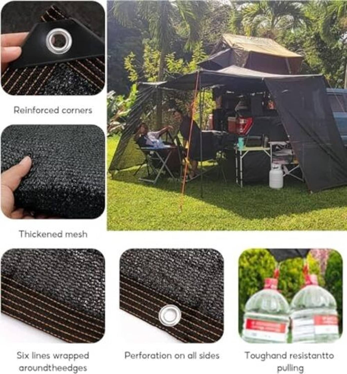 Black shade sail with reinforced corners and thickened mesh; grommet detail close-up