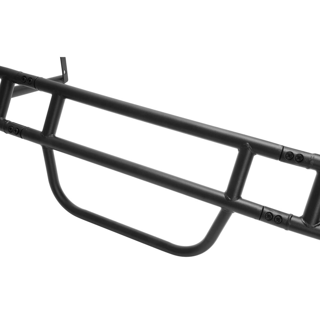Black brush guard grille bumper with curved lower bar and mounting holes