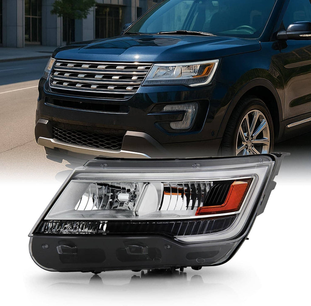 Left-side LED headlight assembly with clear lens and amber turn-signal section