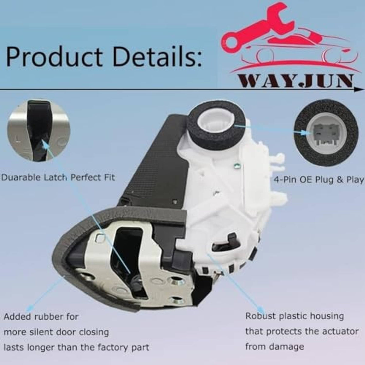 Door lock actuator with black latch arm and circular electrical connector on white body