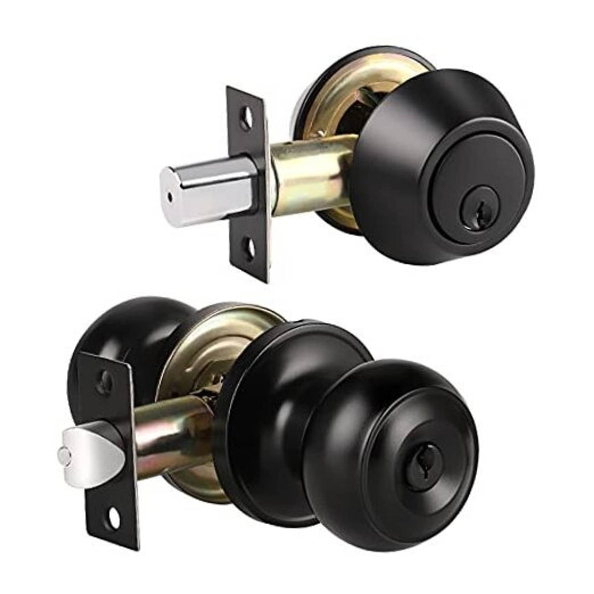 Matte black keyed deadbolt and door knob lock set with round trim and mounting plate