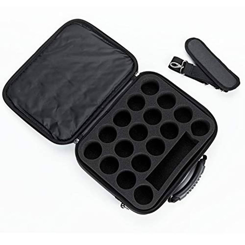 Pool ball case opened to show molded ball holder insert and storage lid