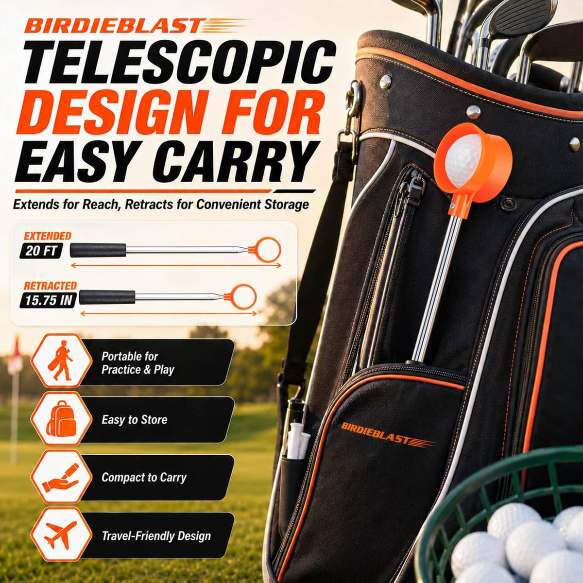 Telescopic golf ball retriever stored in a black golf bag with orange scoop head visible