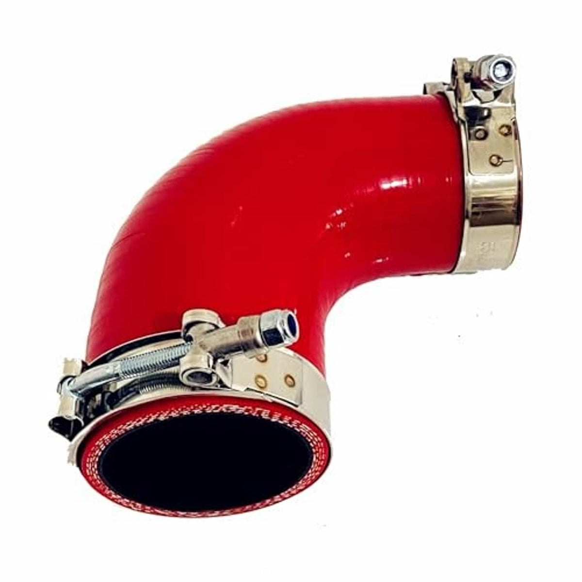 Red 90-degree silicone hose reducer showing curved elbow and attached stainless clamp