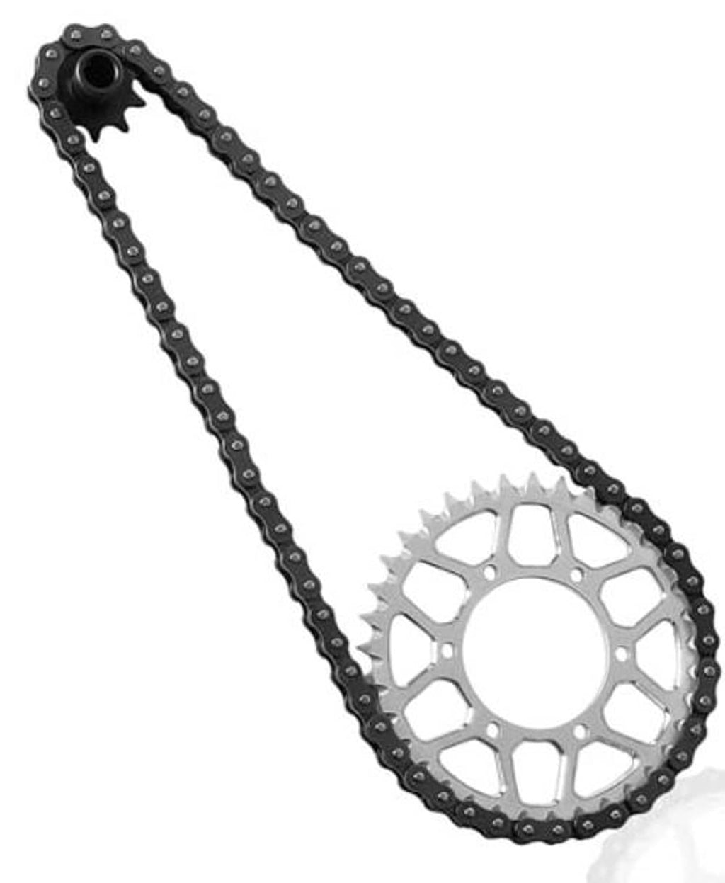 Rear hub chain sprocket set with 36T silver sprocket and black roller chain, angled view