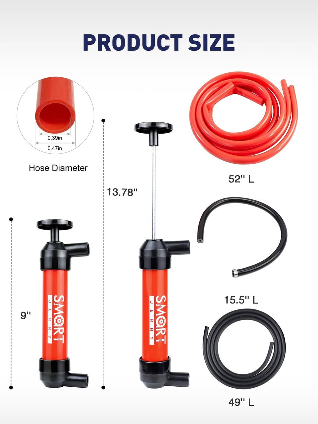Red fluid transfer hand pump kit with long hoses and black hose connectors