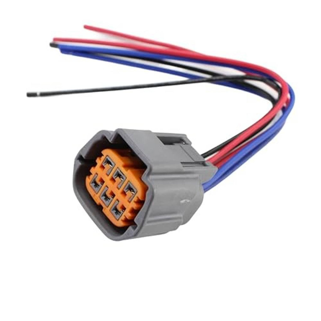 Grey connector with orange insert and red/blue wires extending from the plug
