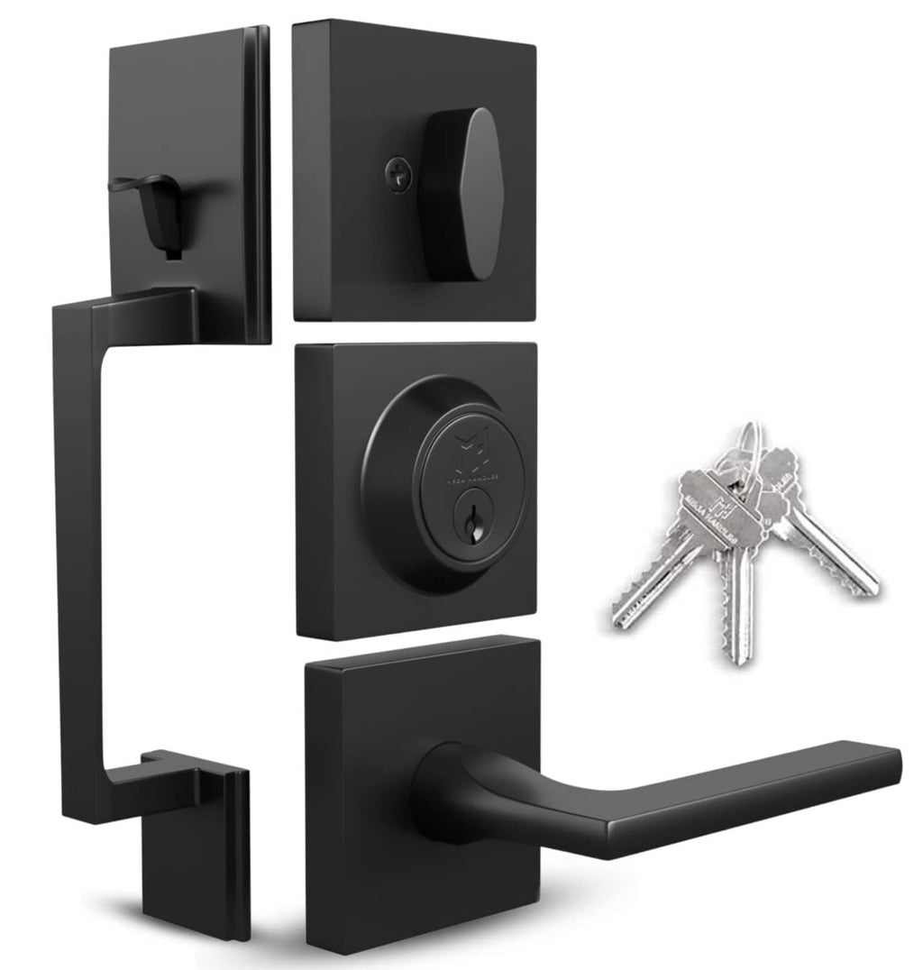 Matte black entry door handleset components set with keys