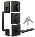 Matte black entry door handleset components set with keys