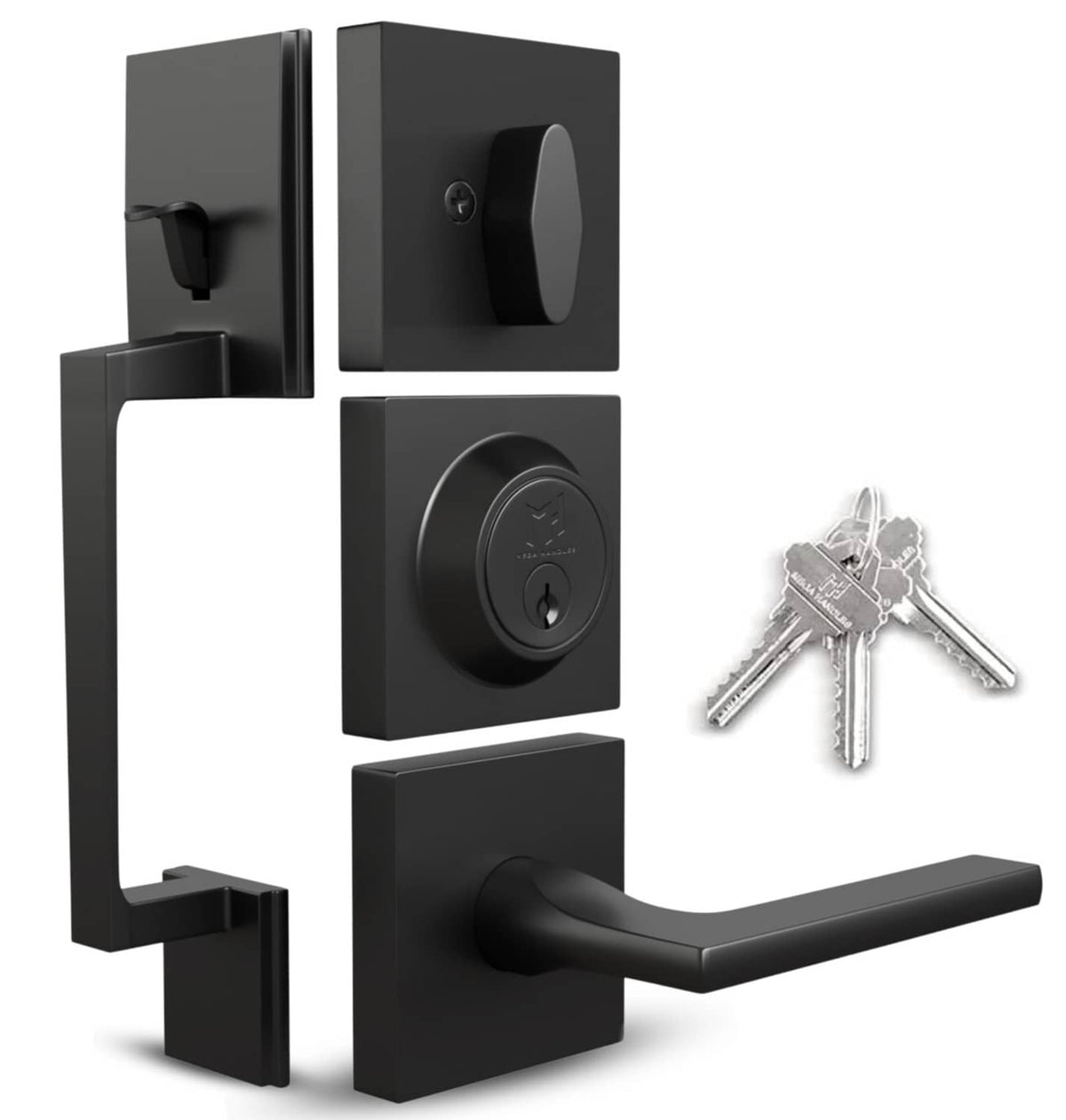 Matte black entry door handleset components set with keys