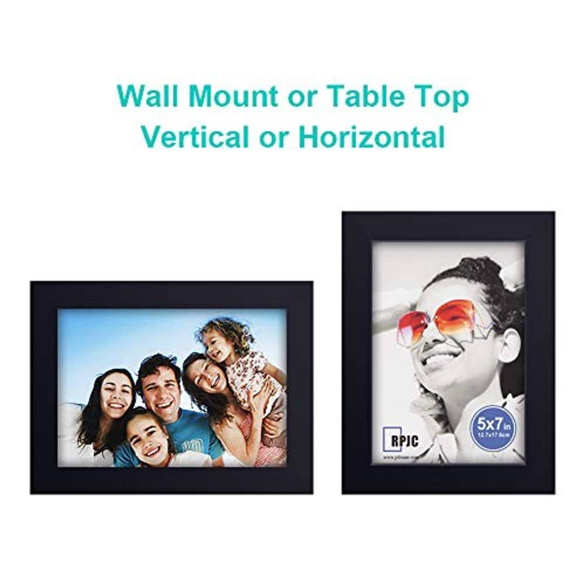 Black 5x7 picture frame shown as wall mount or table top for a photo